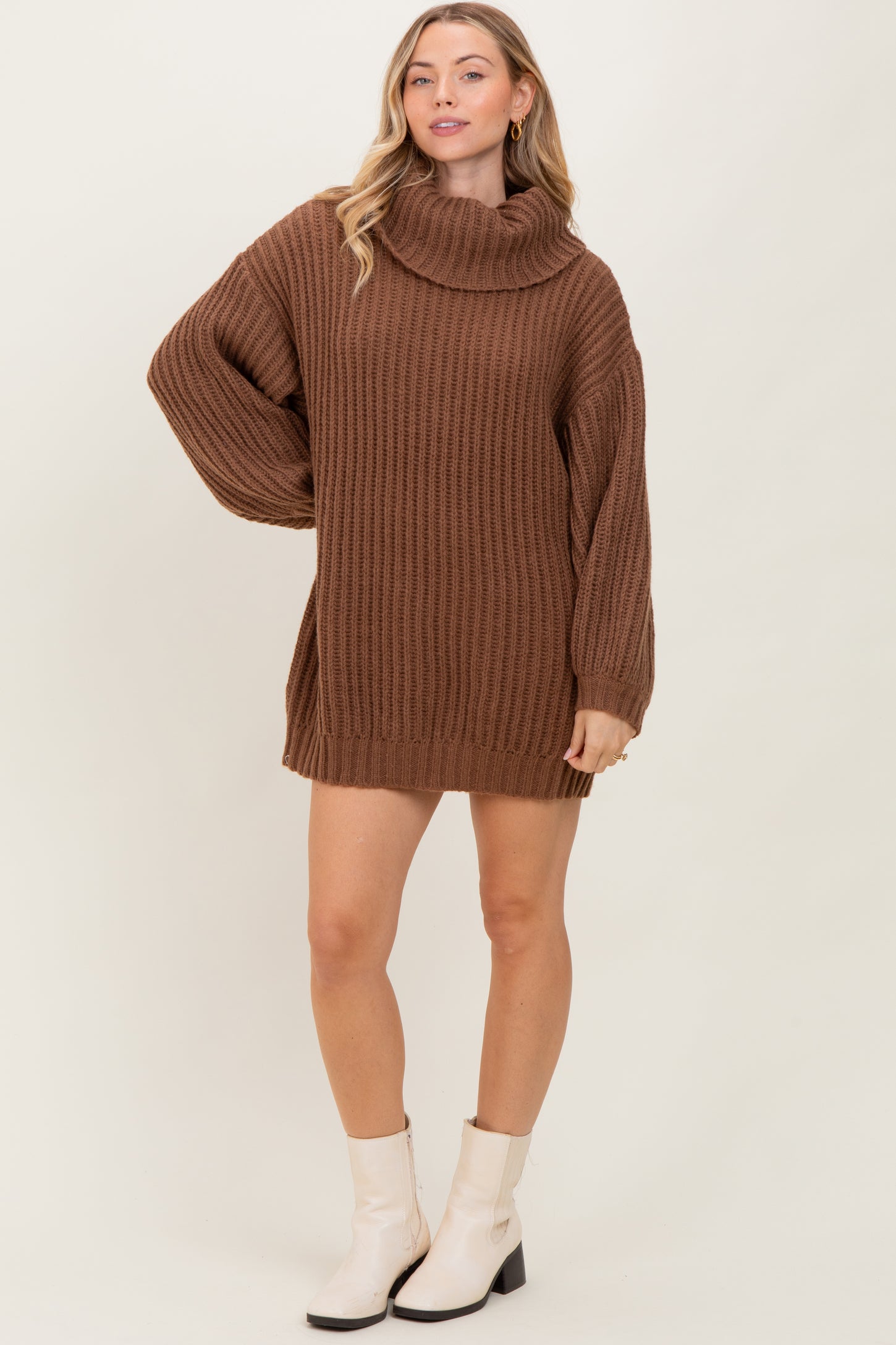 Light Brown Turtleneck Puff Sleeve Sweater Dress