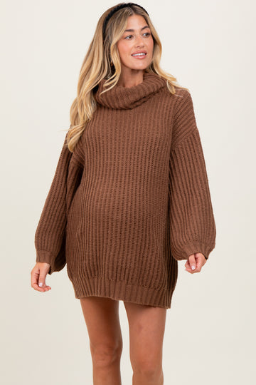 Light Brown Turtleneck Puff Sleeve Maternity Sweater Dress