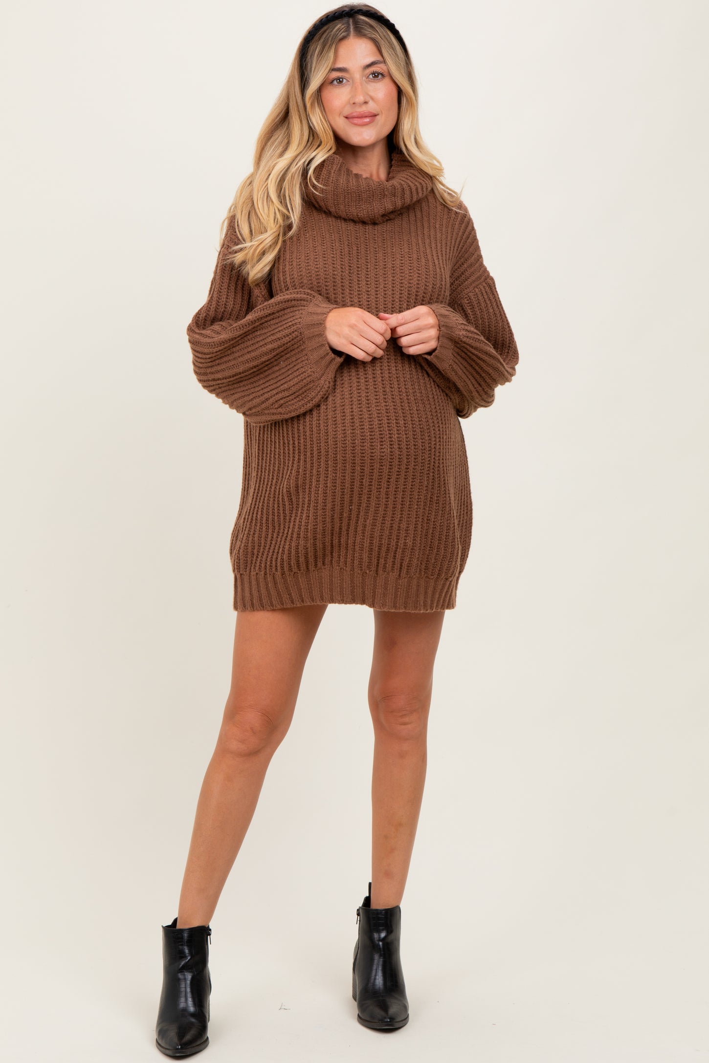 Light Brown Turtleneck Puff Sleeve Maternity Sweater Dress