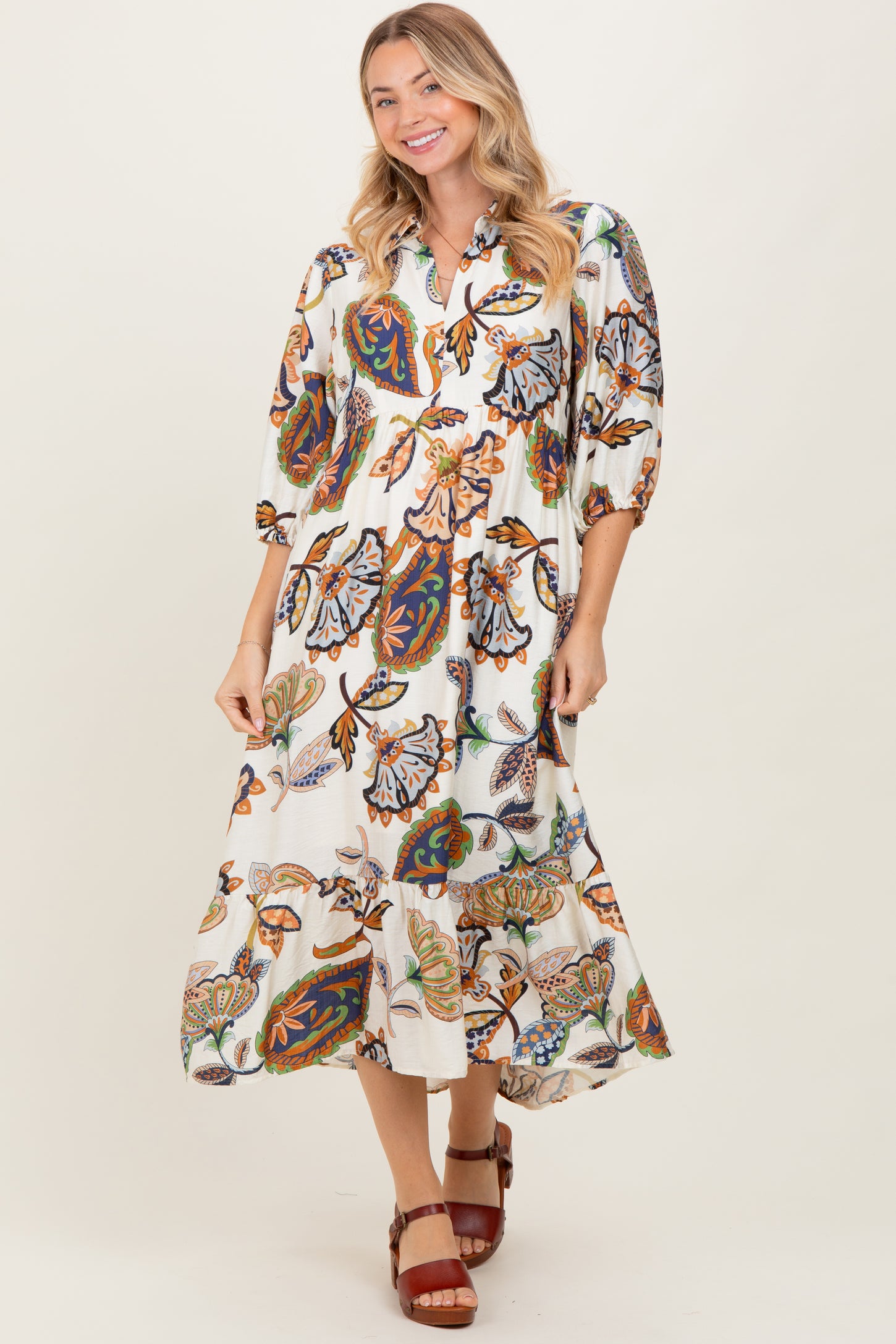 Cream Floral Collared 3/4 Sleeve Midi Dress