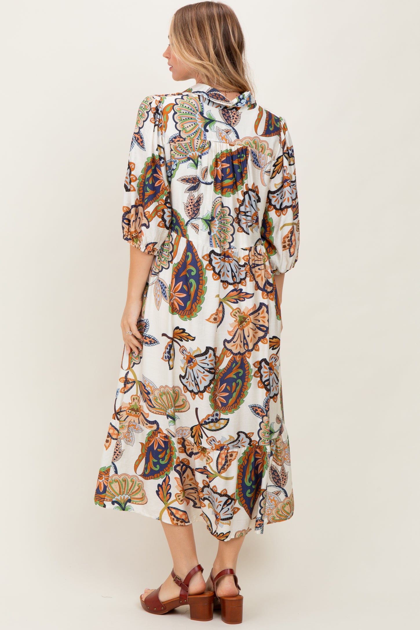 Cream Floral Collared 3/4 Sleeve Midi Dress