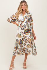 Cream Floral Collared 3/4 Sleeve Maternity Midi Dress