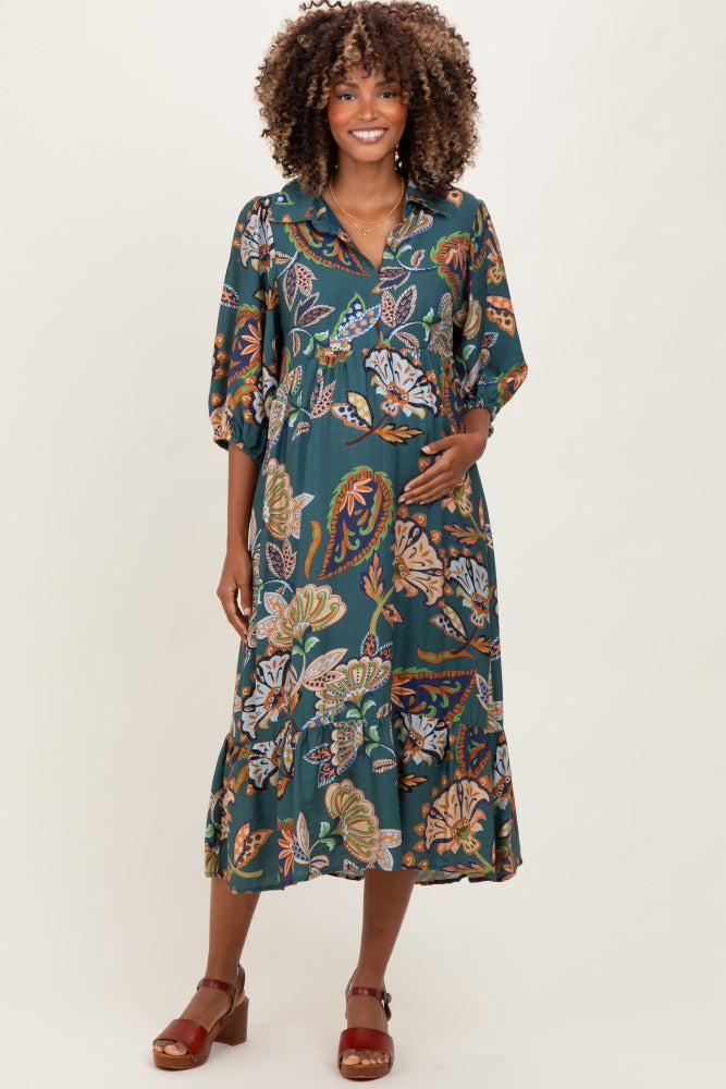Teal Floral Collared 3/4 Sleeve Maternity Midi Dress