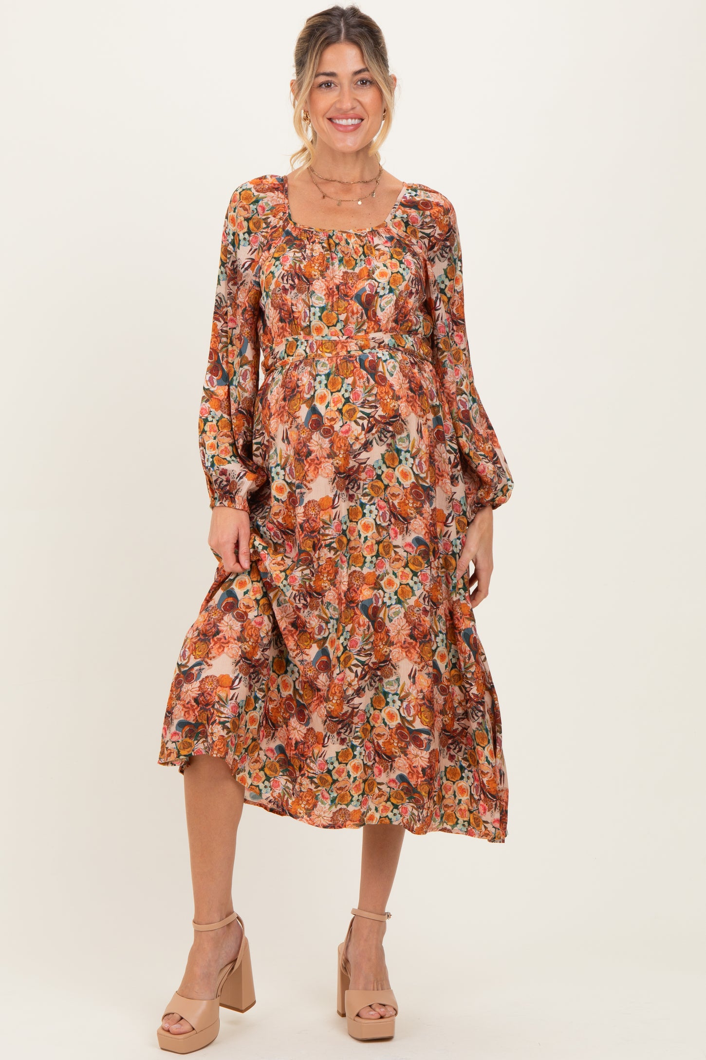 Cream Floral Fruit Smocked Waist Maternity Midi Dress