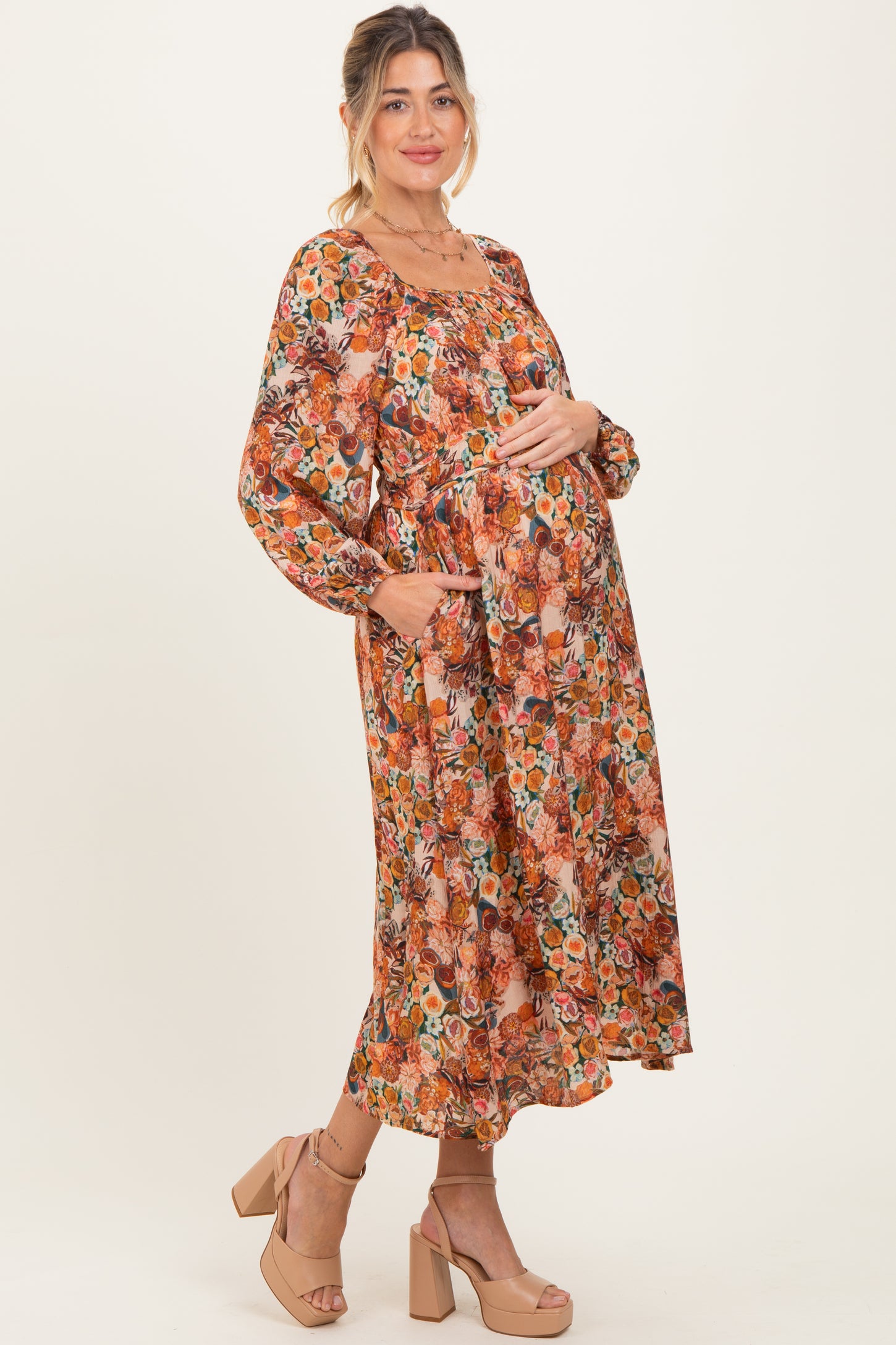 orange fruit dress maternity Orange Floral Strapless Cutout Back Maternity Maxi Dress PinkBlush