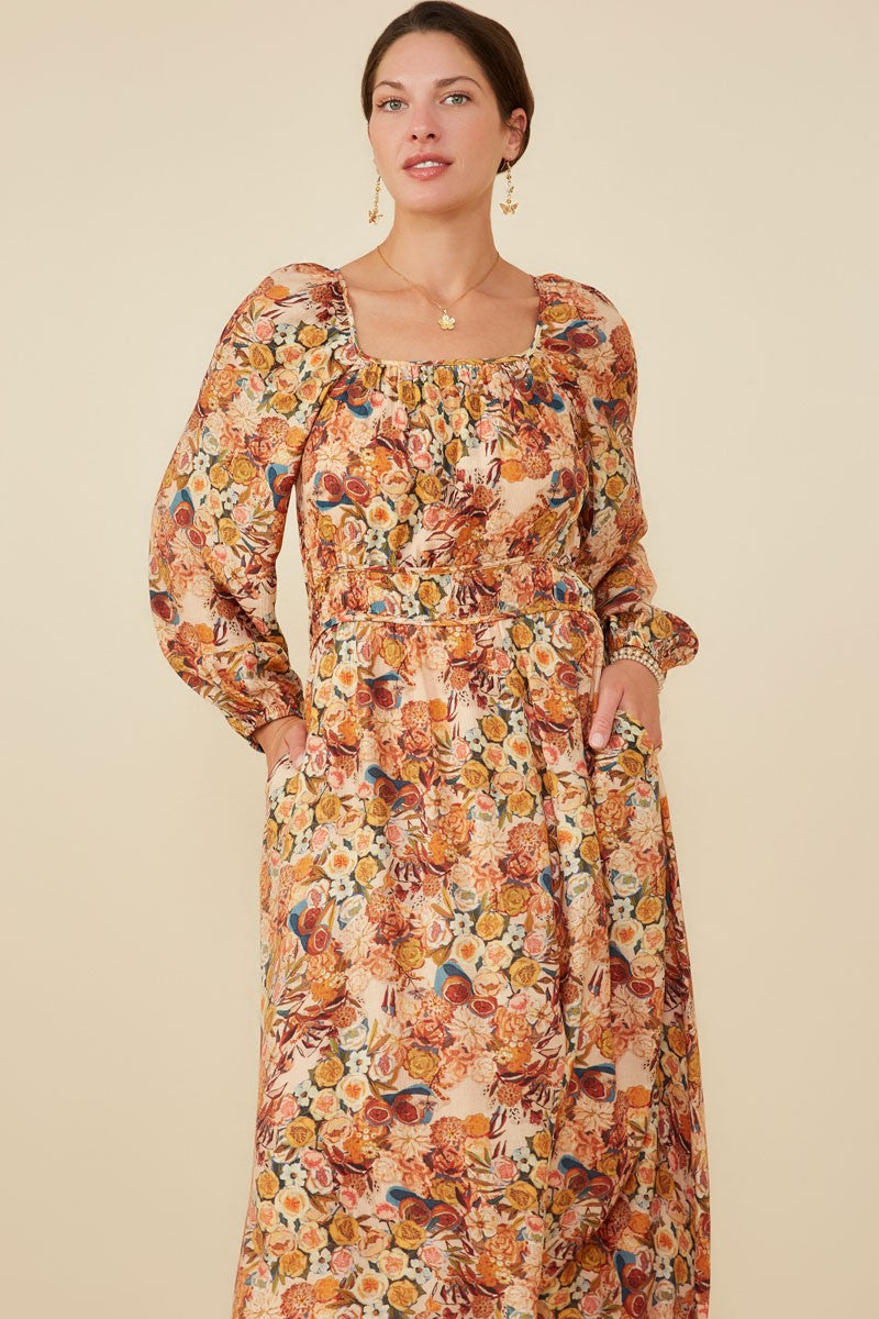 Cream Floral Fruit Smocked Waist Midi Dress