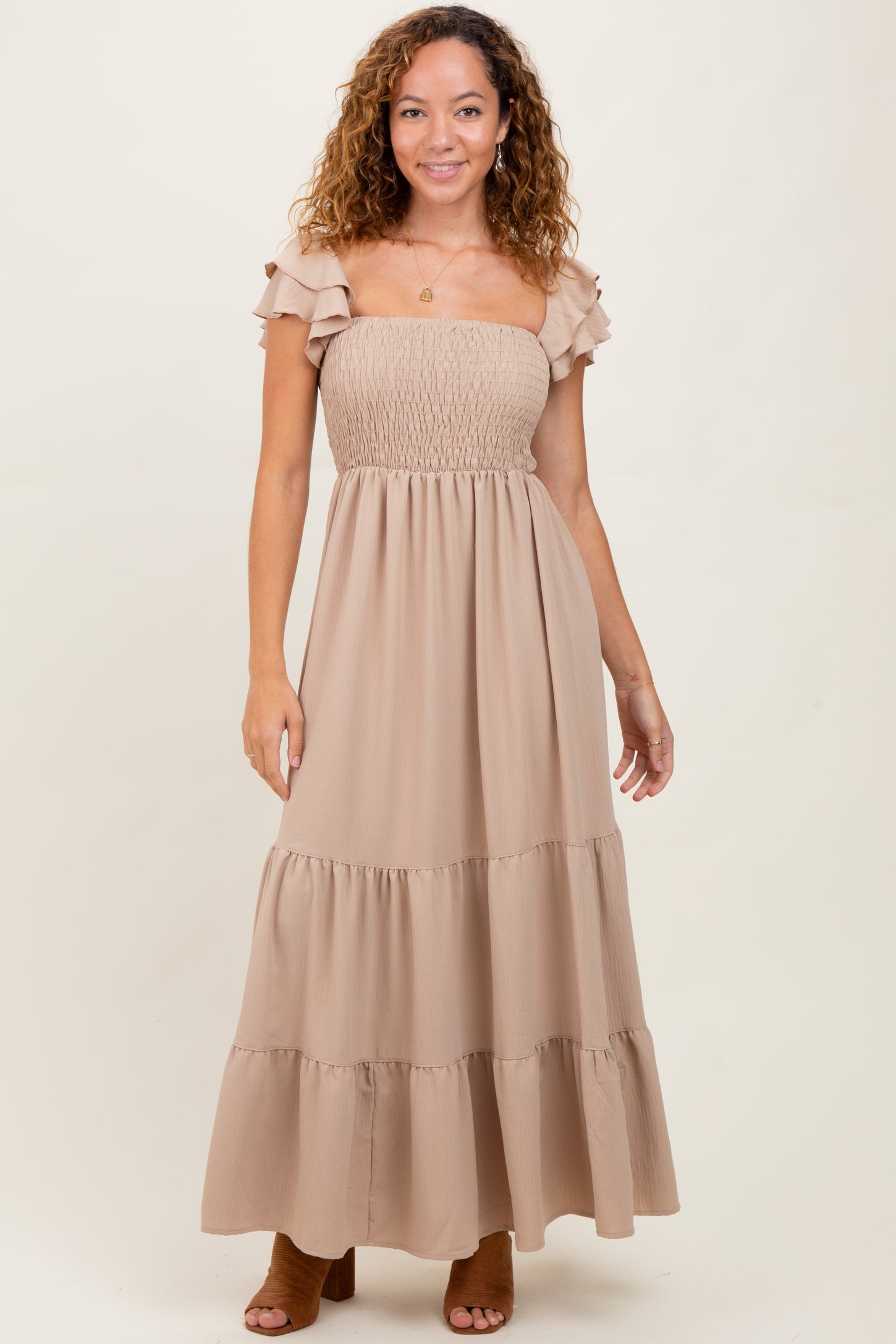 Beige Smocked Ruffle Off Shoulder Tiered Maternity Maxi Dress