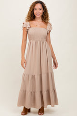 Beige Smocked Ruffle Off Shoulder Tiered Maternity Maxi Dress