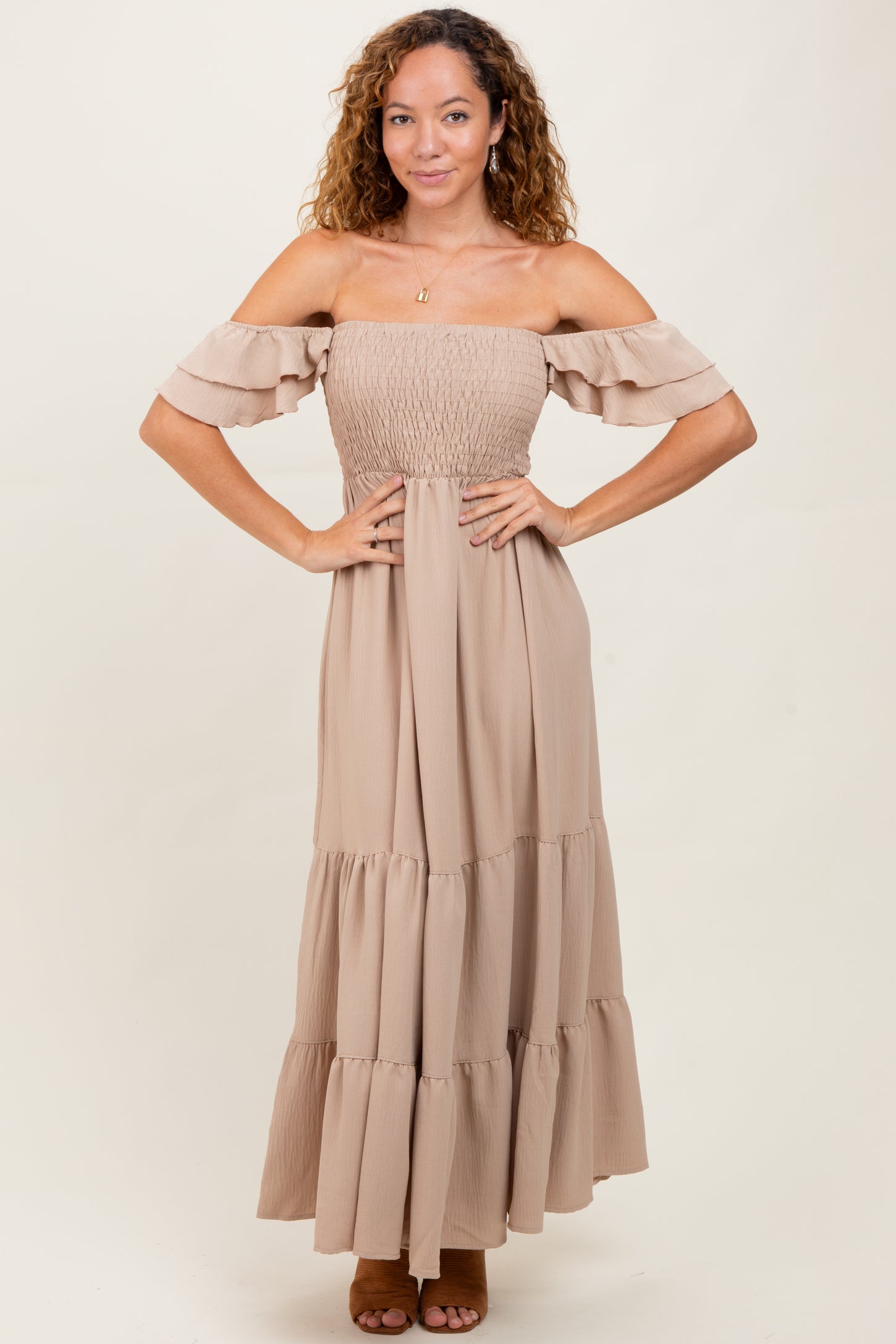 Beige Smocked Ruffle Off Shoulder Tiered Maxi Dress