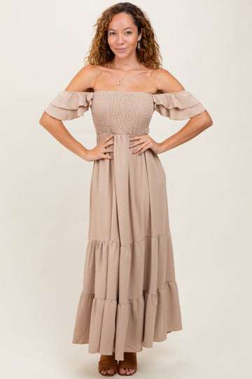 Beige Smocked Ruffle Off Shoulder Tiered Maxi Dress