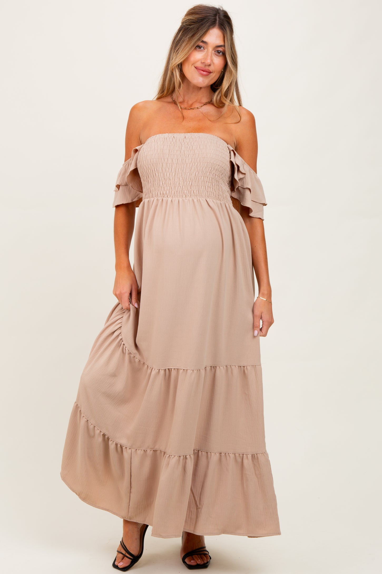 Beige Smocked Ruffle Off Shoulder Tiered Maternity Maxi Dress PinkBlush Beige Smocked Ruffle Off Shoulder Tiered Maternity Maxi Dress PinkBlush