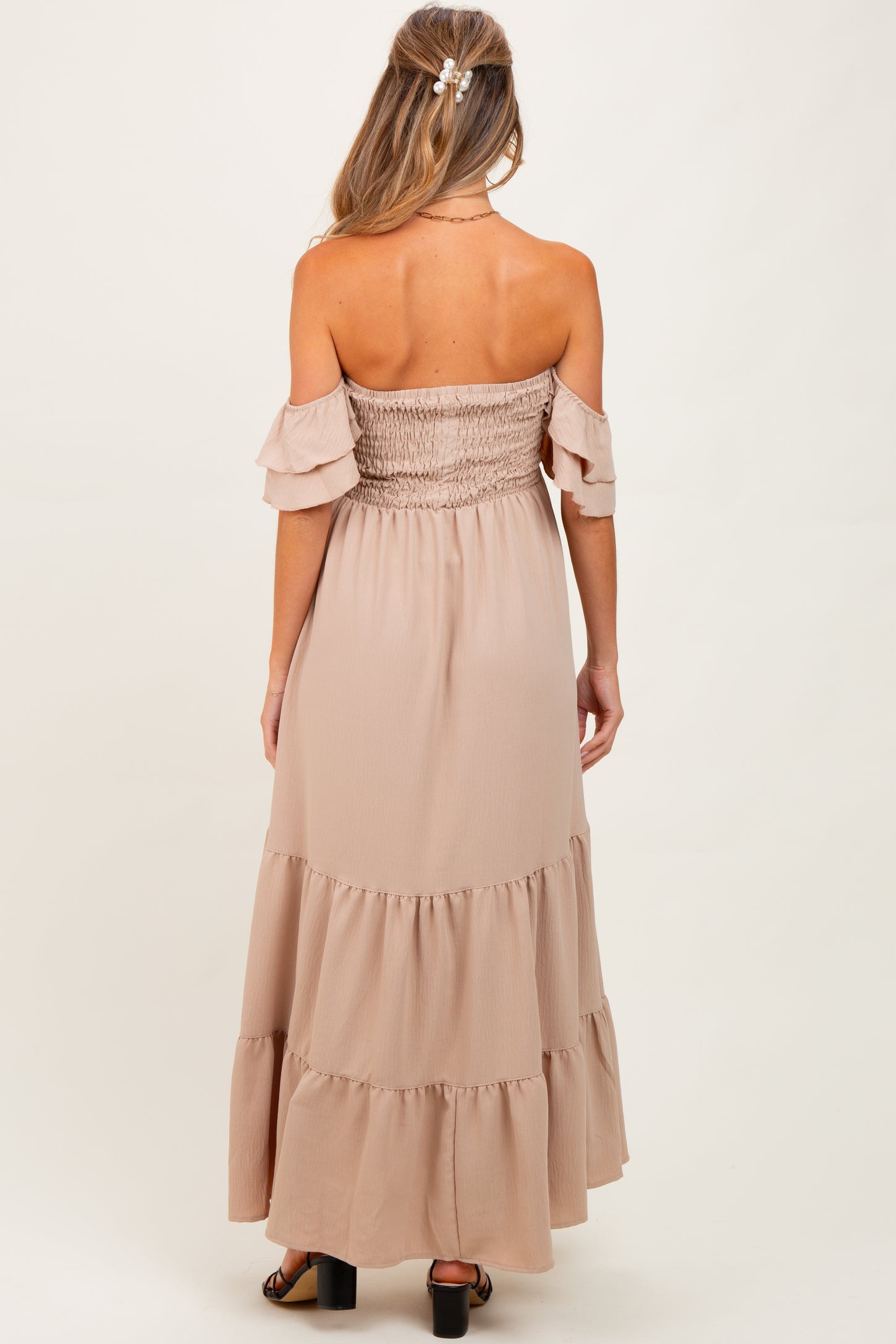 Beige Smocked Ruffle Off Shoulder Tiered Maternity Maxi Dress PinkBlush Beige Smocked Ruffle Off Shoulder Tiered Maternity Maxi Dress PinkBlush