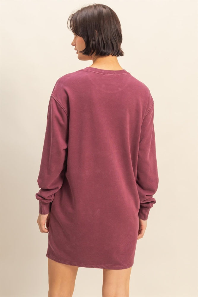Burgundy Mineral Wash Oversized Sweatshirt Mini Dress