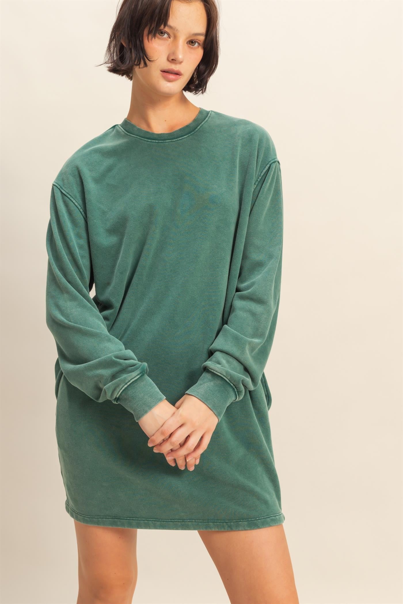 Forest Green Mineral Wash Oversized Sweatshirt Mini Dress