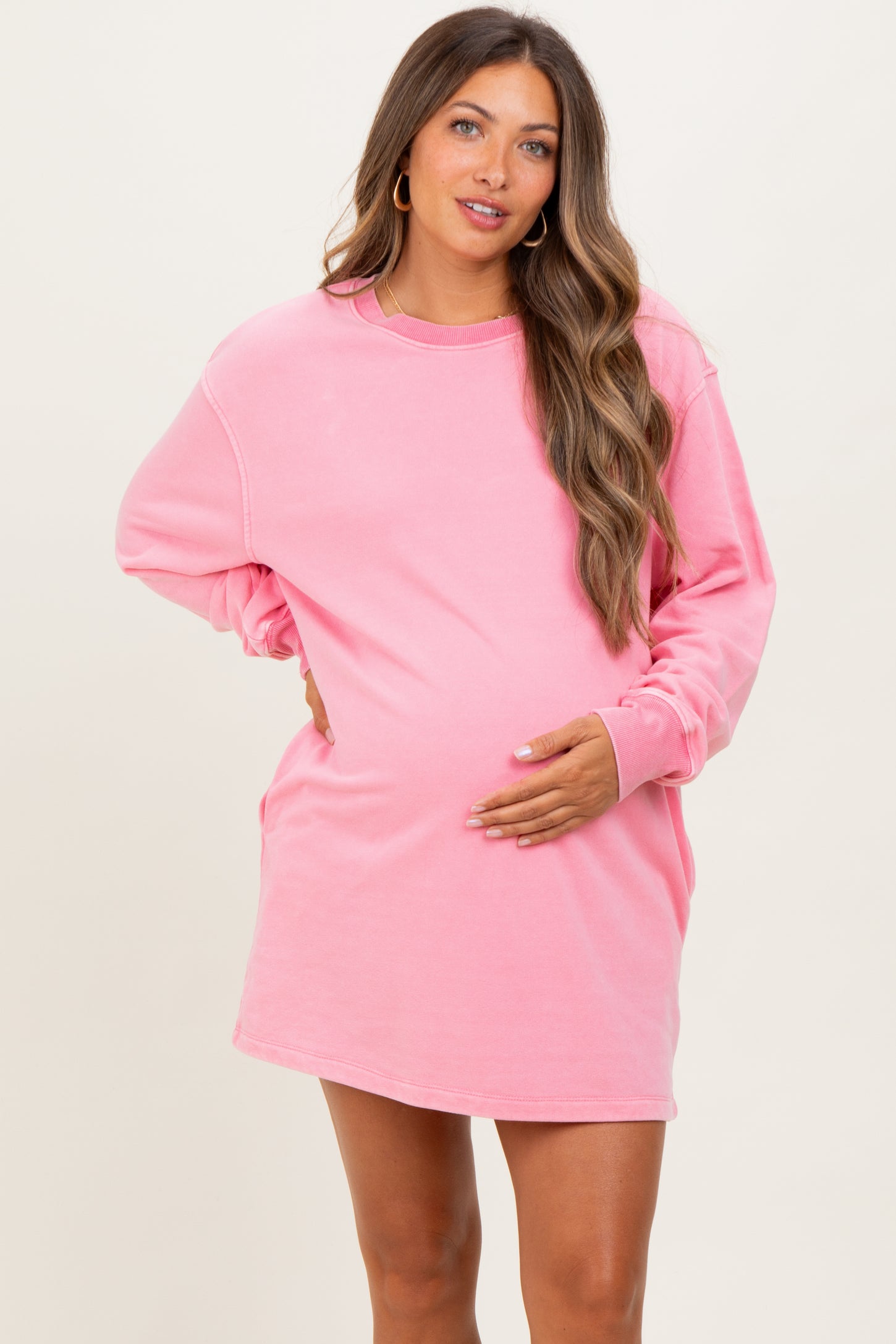 Pink Mineral Wash Oversized Maternity Sweatshirt Mini Dress