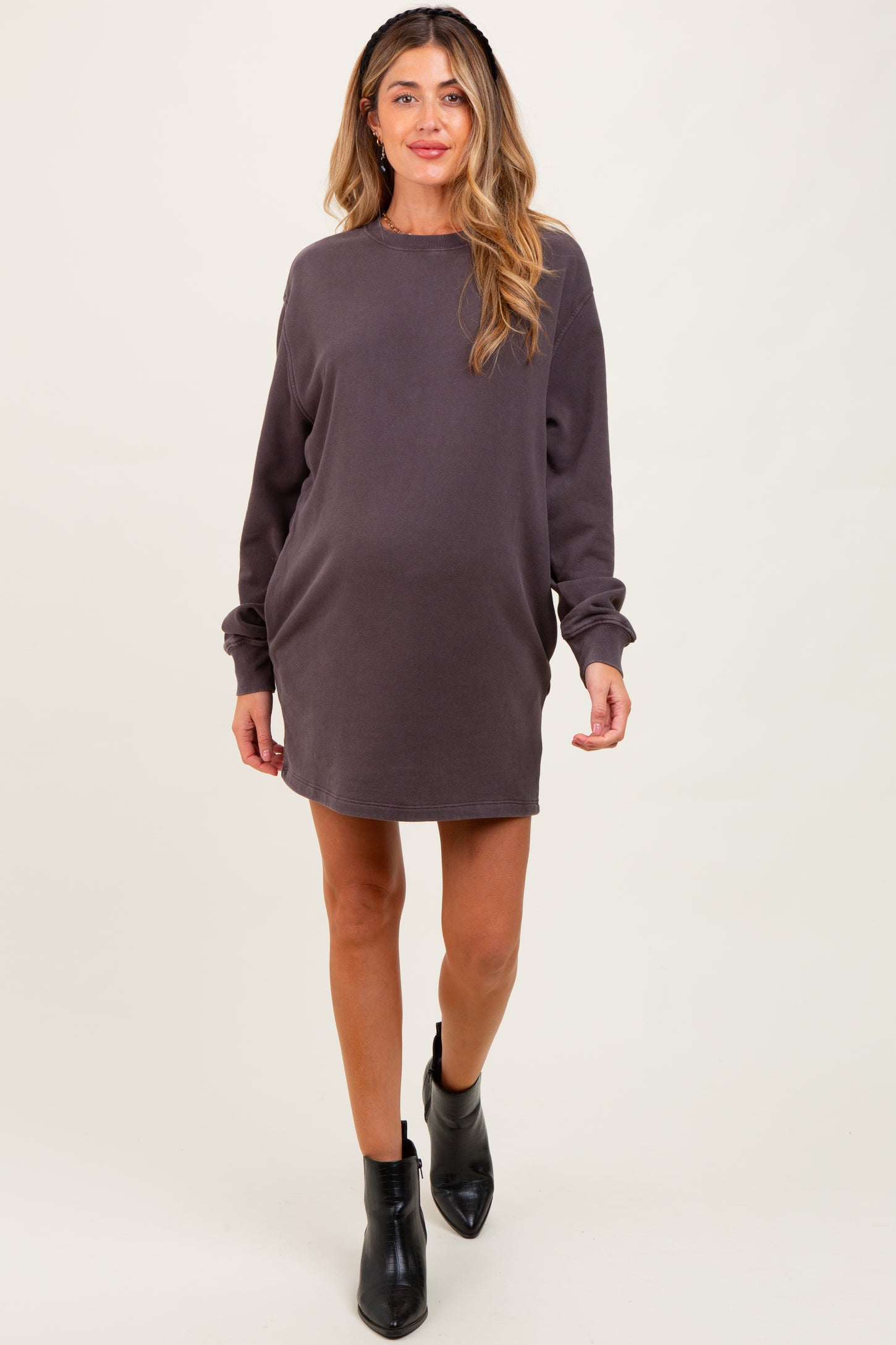 Charcoal Mineral Wash Oversized Maternity Sweatshirt Mini Dress