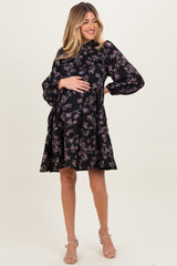Black Floral Tiered Long Sleeve Maternity Dress