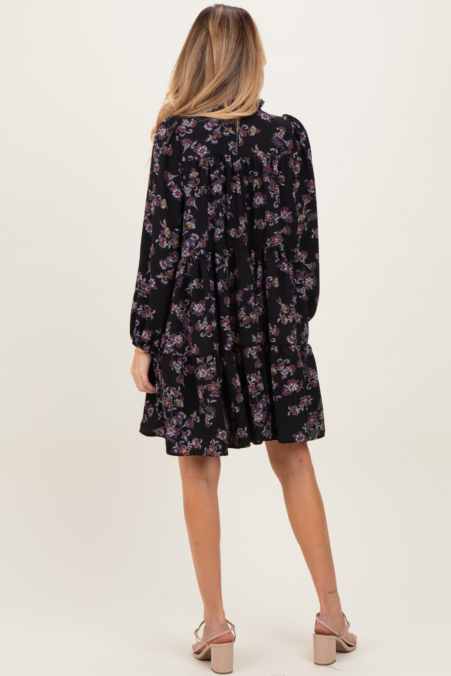 Black Floral Tiered Long Sleeve Maternity Dress