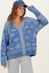 Blue Floral Knit Button Cardigan