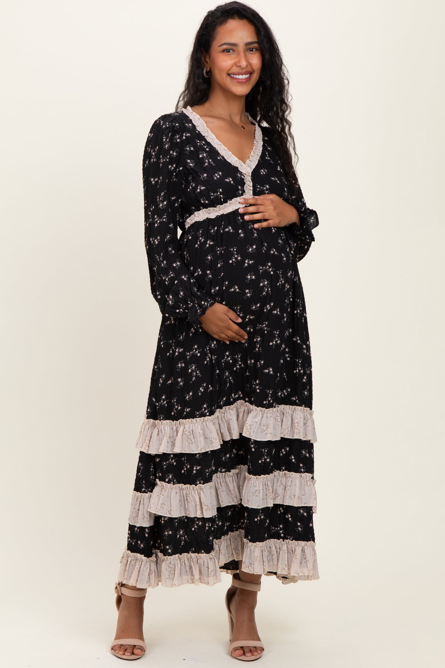 Black Floral Eyelet Lace Tiered Hem Maternity Maxi Dress PinkBlush Black Floral Eyelet Lace Tiered Hem Maternity Maxi Dress PinkBlush