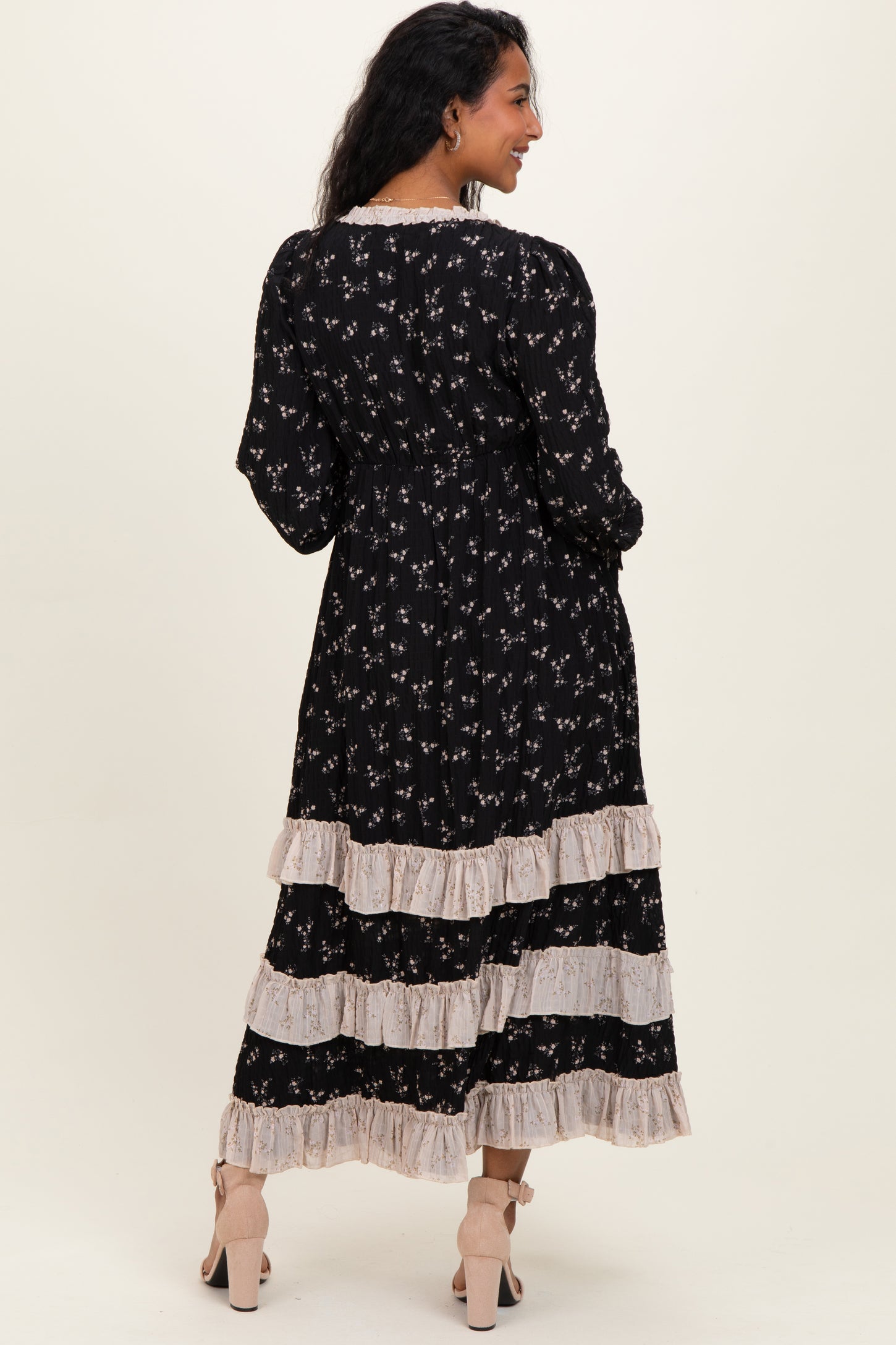 Black Floral Eyelet Lace Tiered Hem Maternity Maxi Dress PinkBlush Black Floral Eyelet Lace Tiered Hem Maternity Maxi Dress PinkBlush