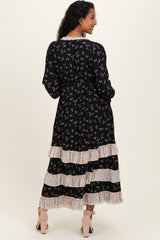 Black Floral Eyelet Lace Tiered Hem Maternity Maxi Dress