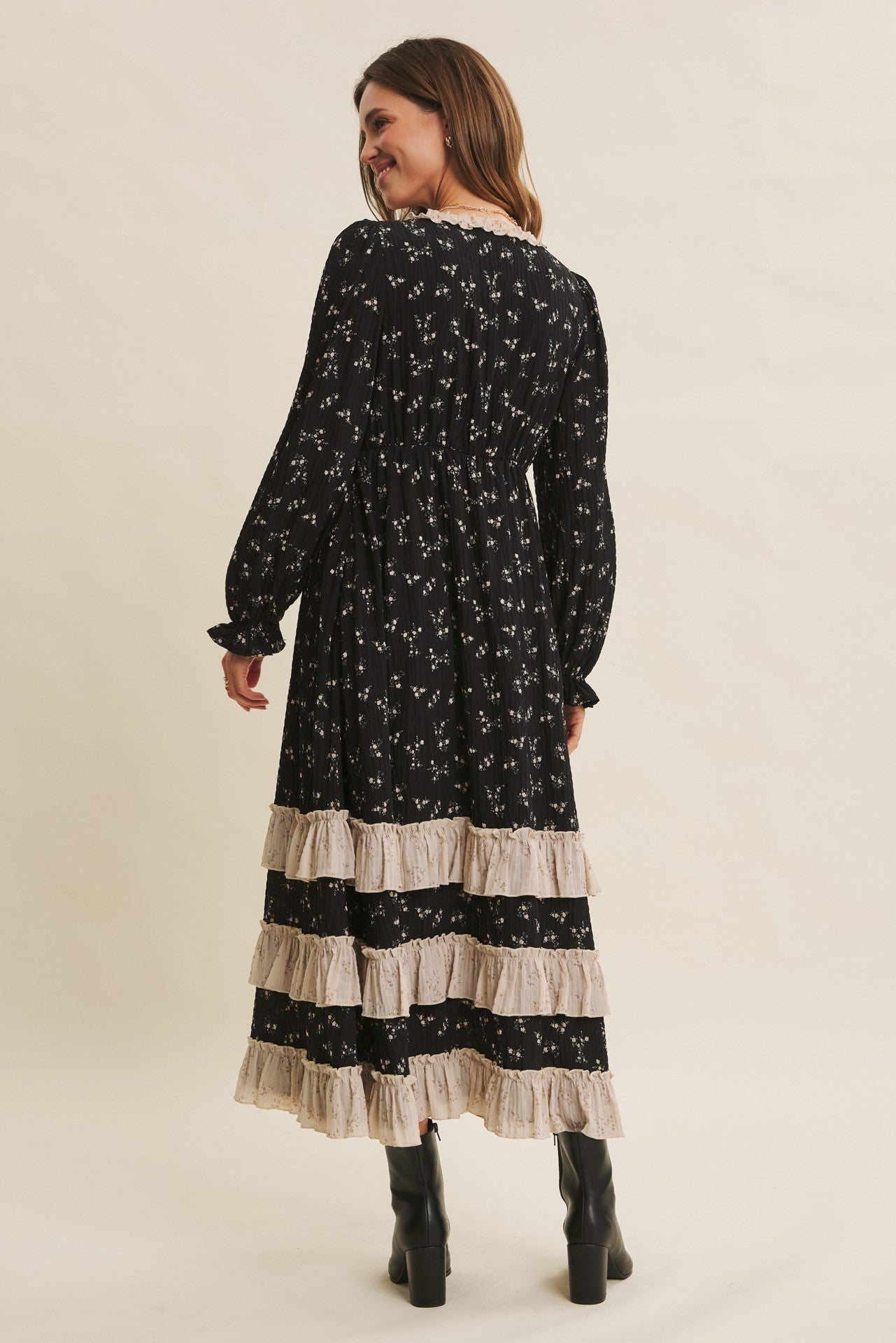 Black Floral Eyelet Lace Tiered Hem Maxi Dress