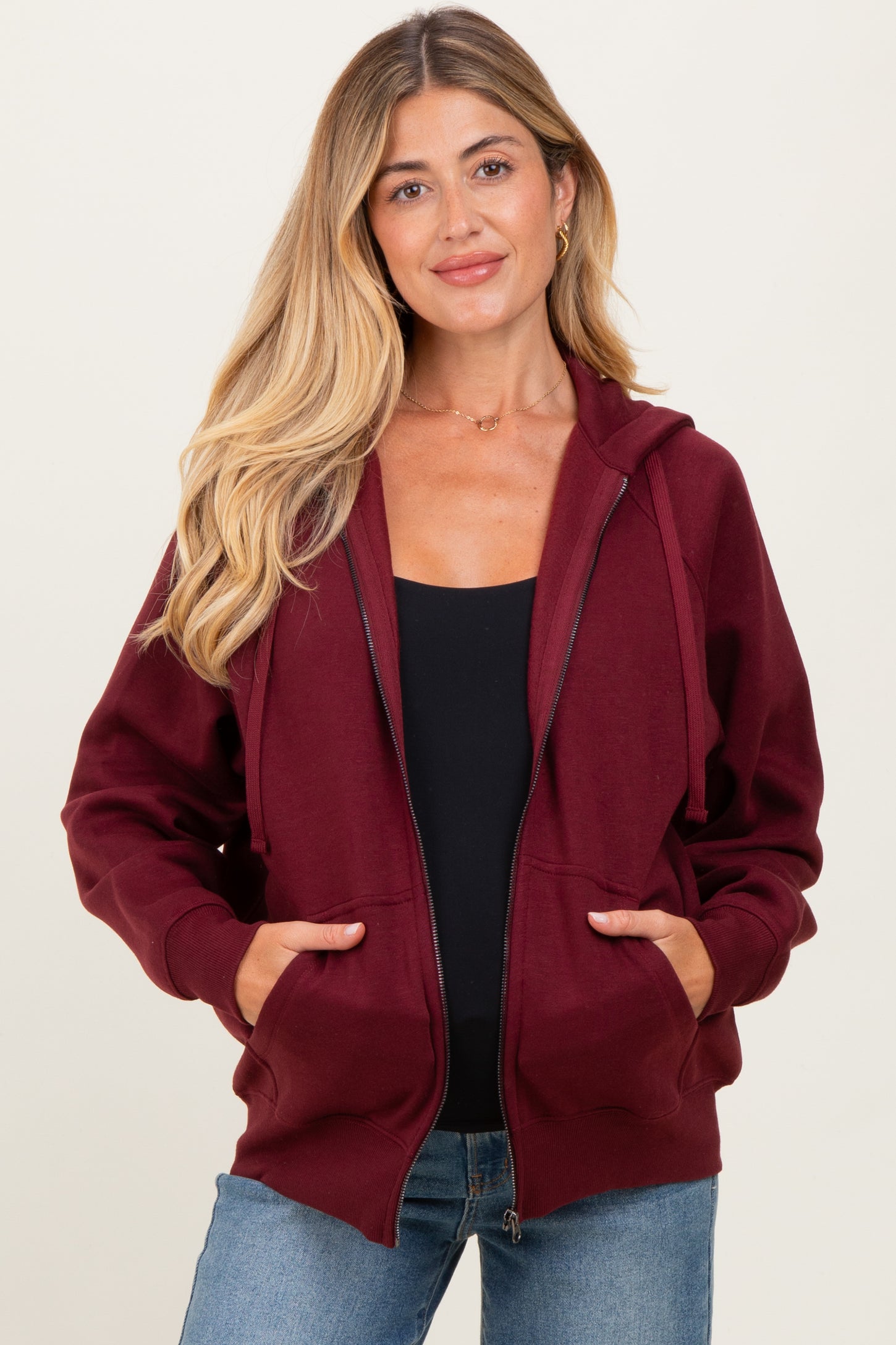 Burgundy Front Zipper Hooded Maternity Sweater