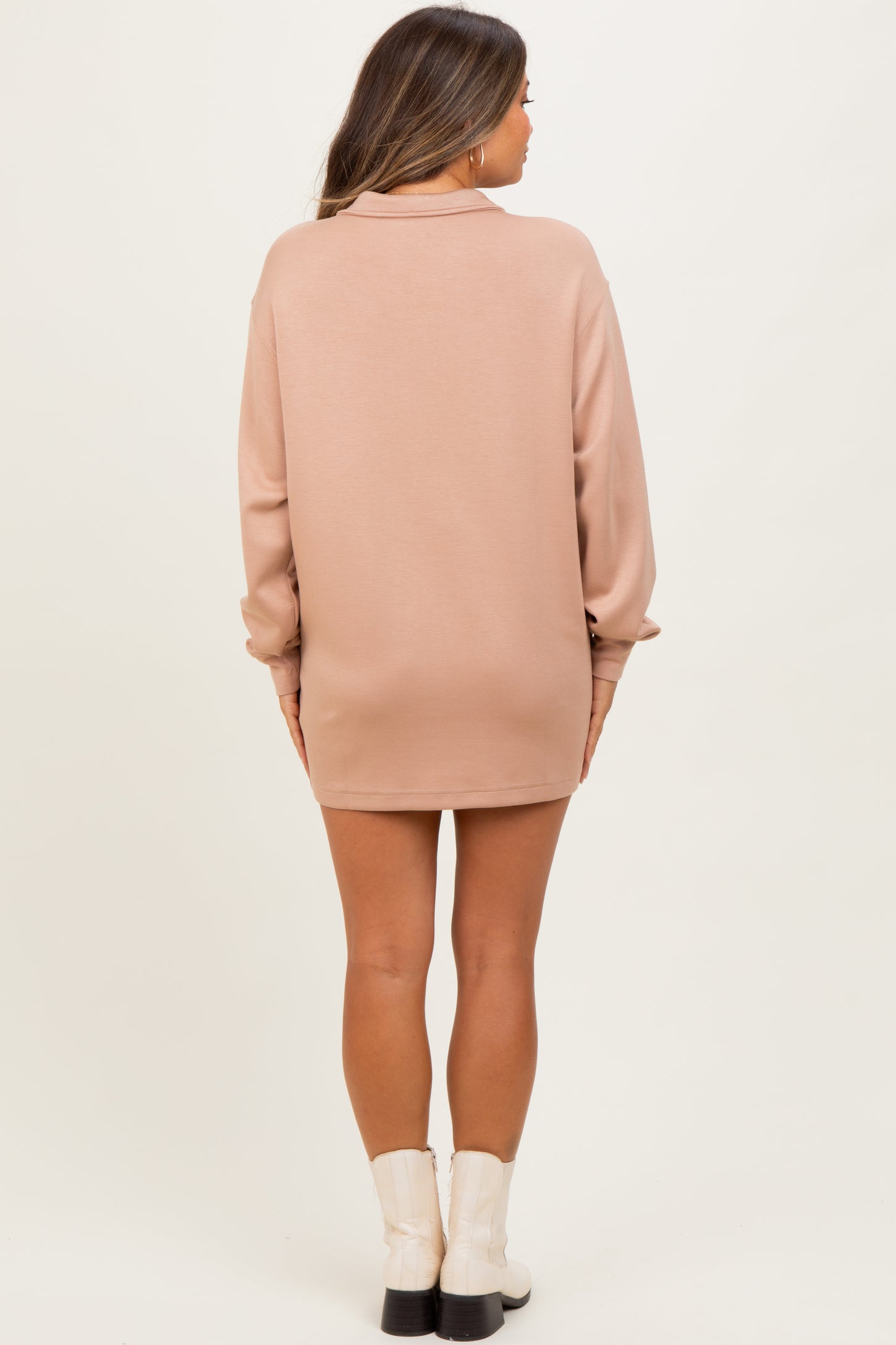 Taupe Half Zip Long Sleeve Maternity Mini Dress