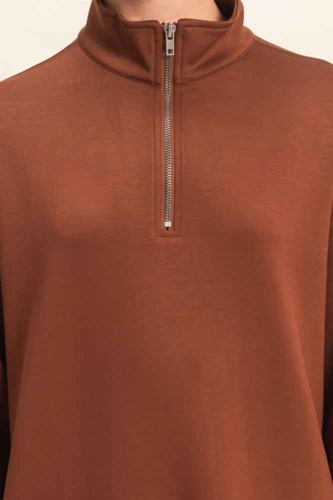 Brown Half Zip Long Sleeve Mini Dress