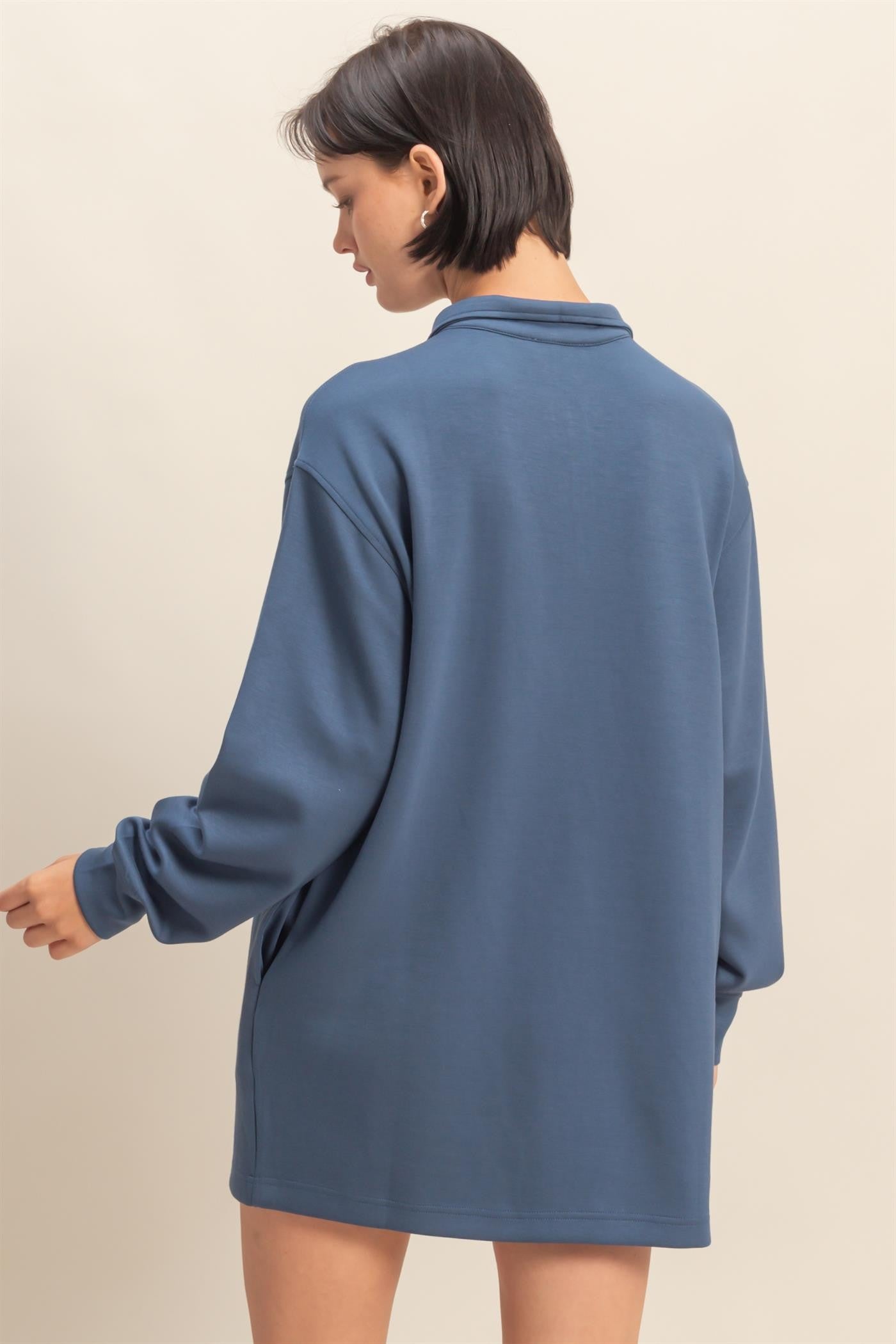 Light Navy Half Zip Long Sleeve Mini Dress