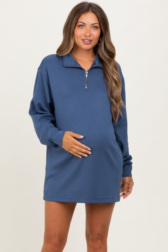 Light Navy Half Zip Long Sleeve Maternity Mini Dress