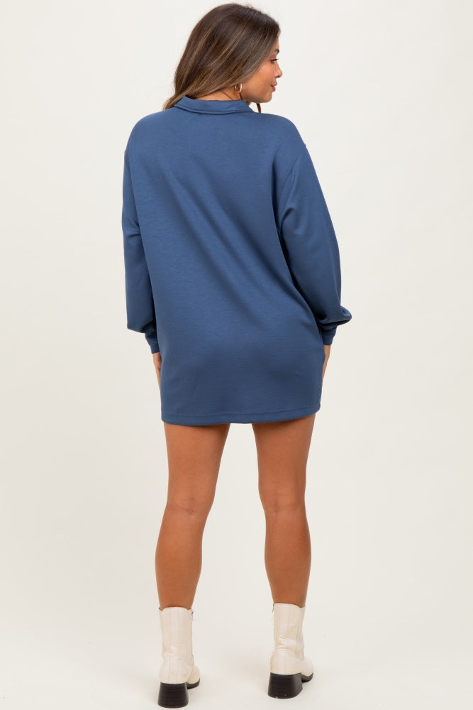 Light Navy Half Zip Long Sleeve Maternity Mini Dress