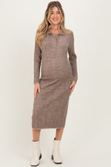 Mocha Striped Rib Knit Maternity Polo Sweater Dress
