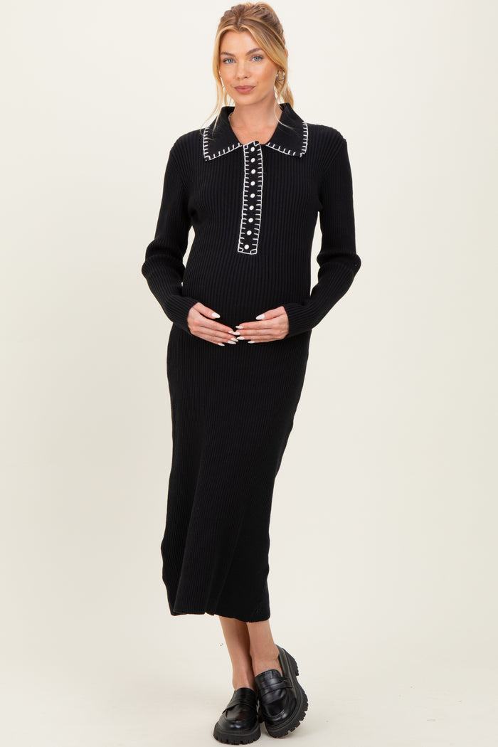 Black Contrast Stitch Maternity Midi Sweater Dress