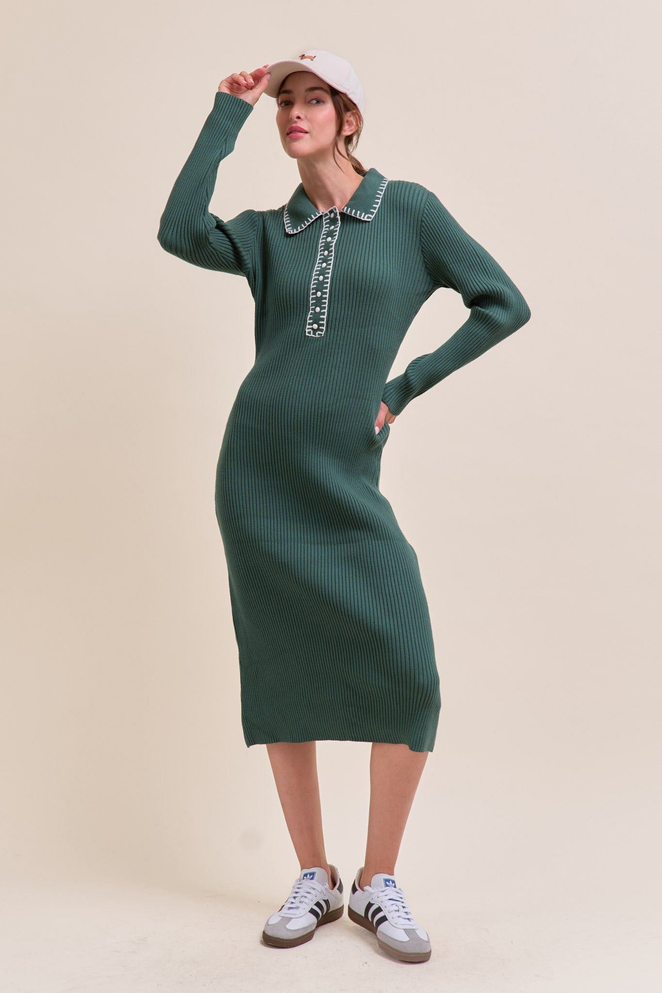 green emerald velvet dress Olive Ribbed Knit Fitted Midi Sweater Dress – PinkBlush main image 1