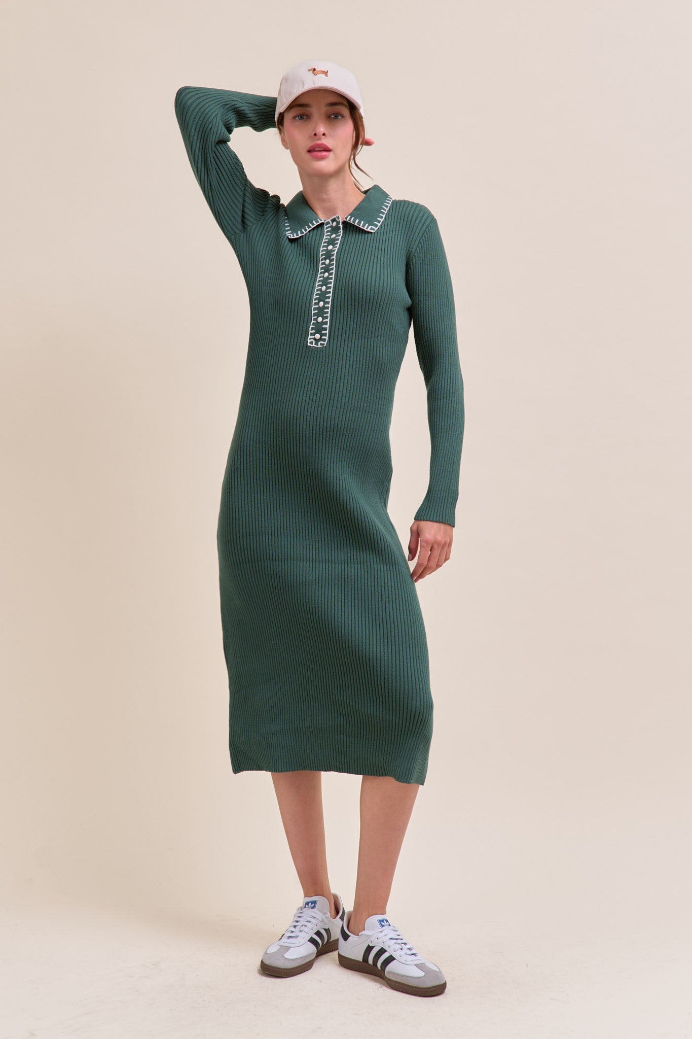 Forest Green Contrast Stitch Midi Sweater Dress