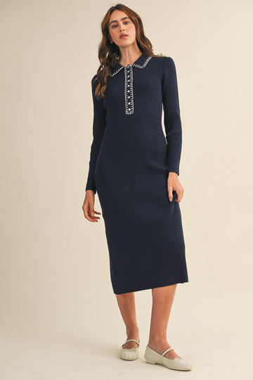 Navy Contrast Stitch Midi Sweater Dress