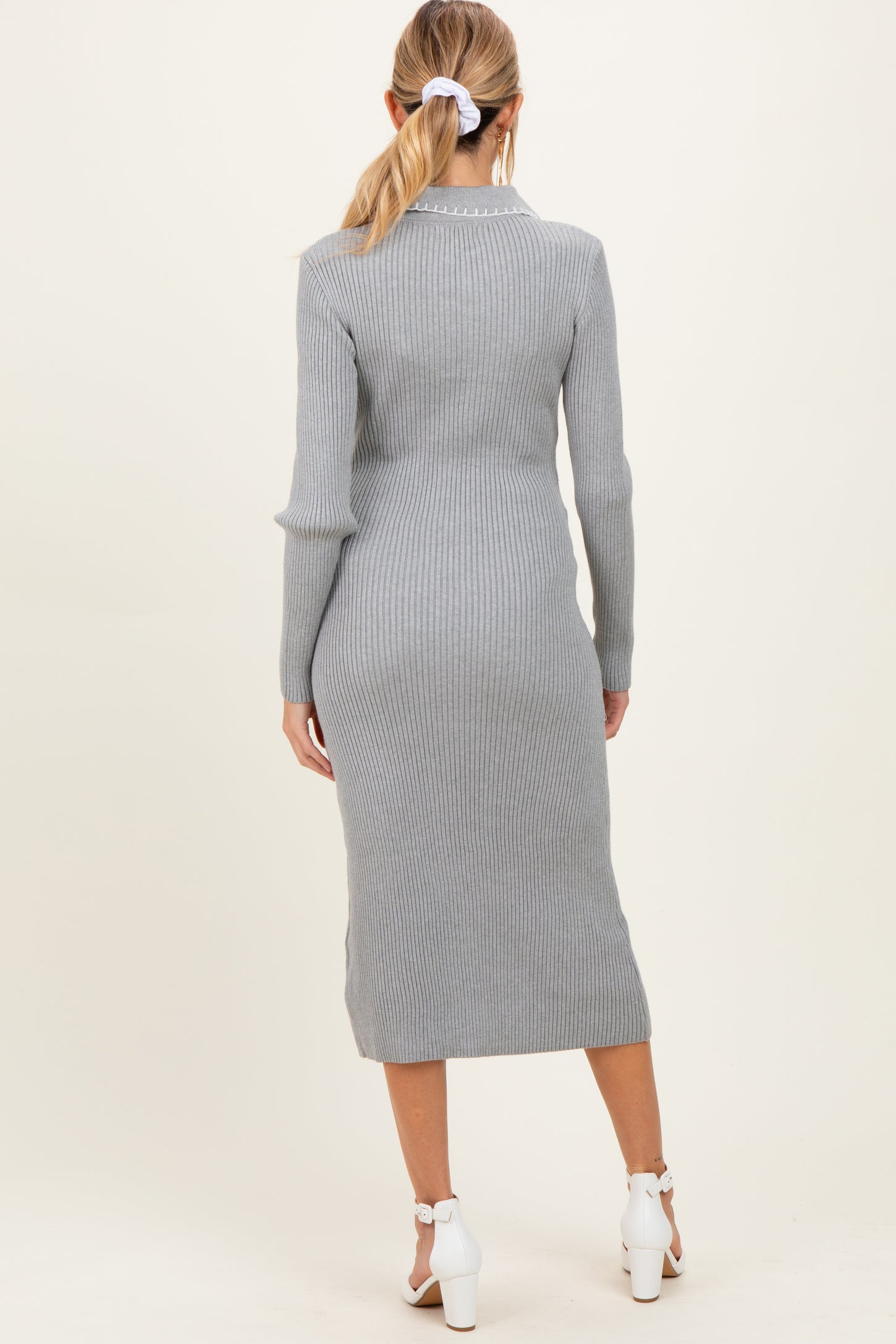 Heather Grey Contrast Stitch Maternity Midi Sweater Dress