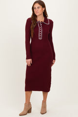 Burgundy Contrast Stitch Maternity Midi Sweater Dress