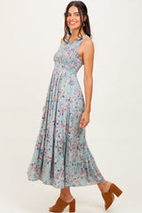Sage Floral Print Smocked Top Sleeveless Tiered Maternity Maxi Dress