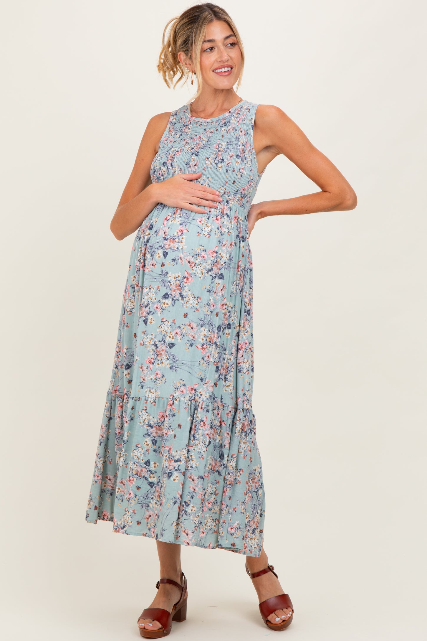 Sage Floral Print Smocked Top Sleeveless Tiered Maternity Maxi Dress