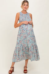 Sage Floral Print Smocked Top Sleeveless Tiered Maternity Maxi Dress