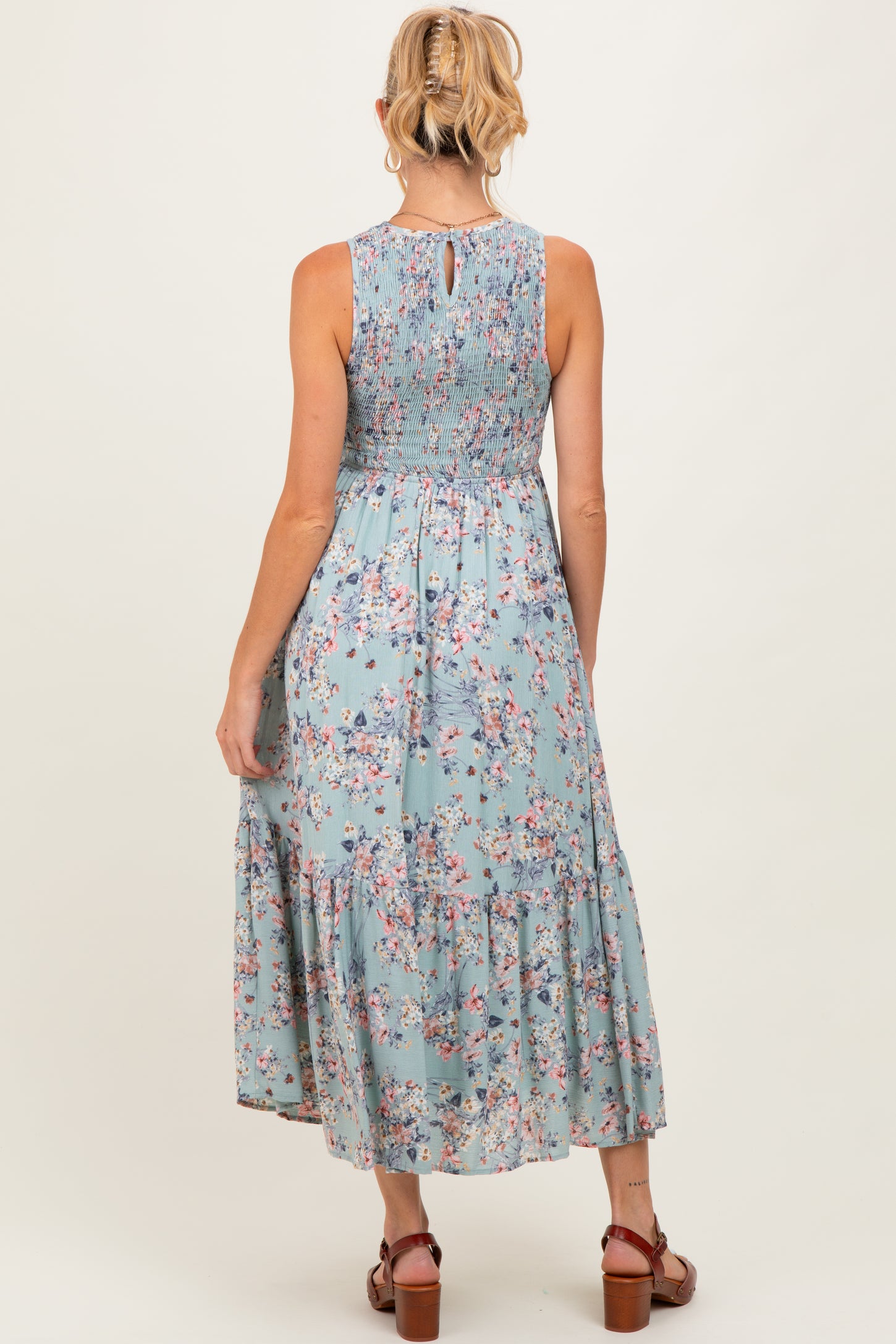 Sage Floral Print Smocked Top Sleeveless Tiered Maternity Maxi Dress