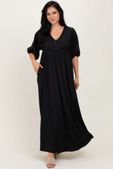 Black Solid Woven 3/4 Sleeve V-Neck Button Down Maternity Maxi Dress