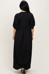 Black Solid Woven 3/4 Sleeve V-Neck Button Down Maxi Dress