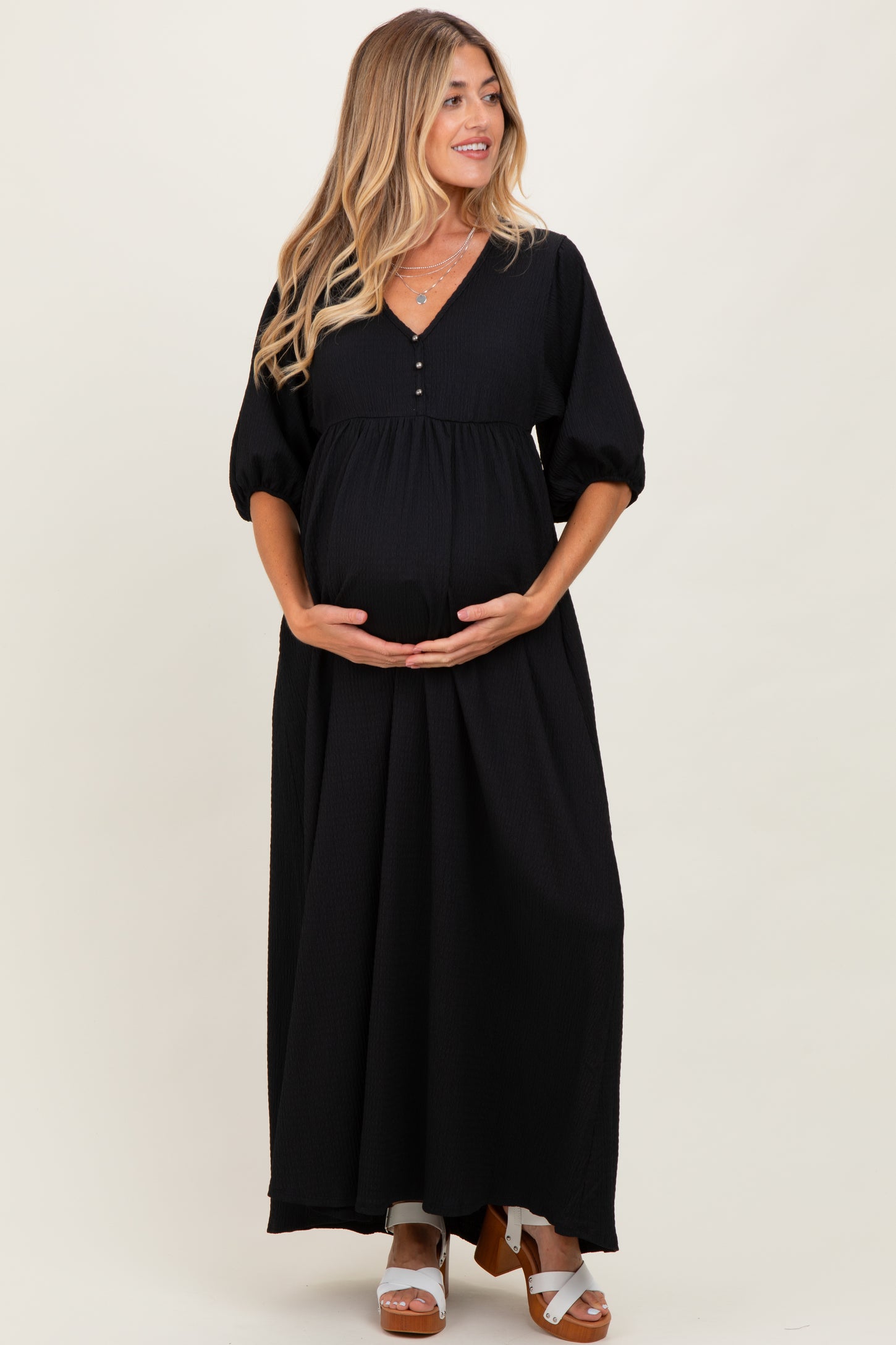 Black Solid Woven 3/4 Sleeve V-Neck Button Down Maternity Maxi Dress