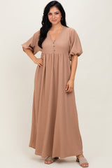 Beige Solid Woven 3/4 Sleeve V-Neck Button Down Maxi Dress