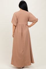 Beige Solid Woven 3/4 Sleeve V-Neck Button Down Maxi Dress