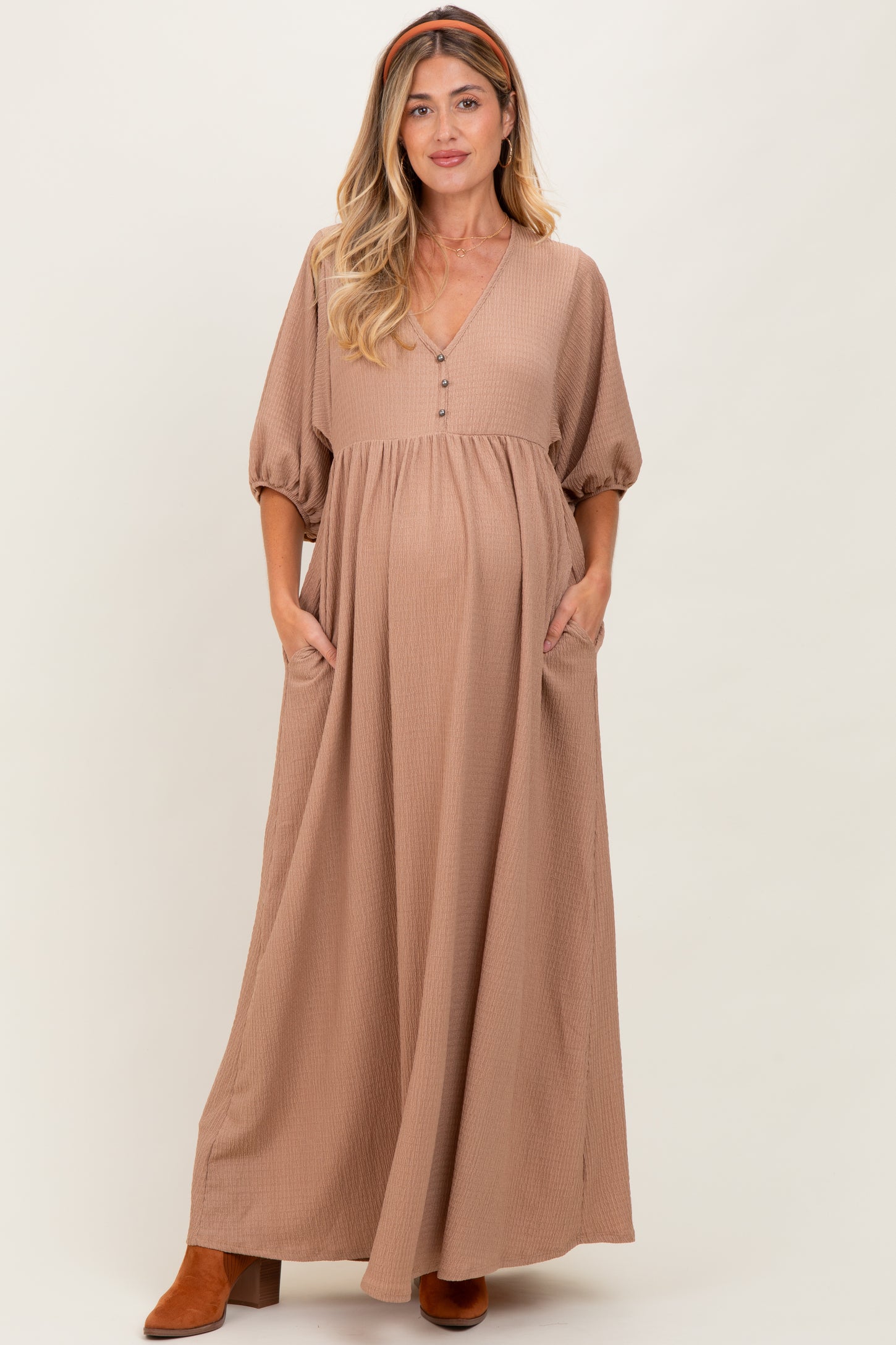 beige maternity maxi dress Beige Strapless Tie Back Maternity Maxi Dress PinkBlush